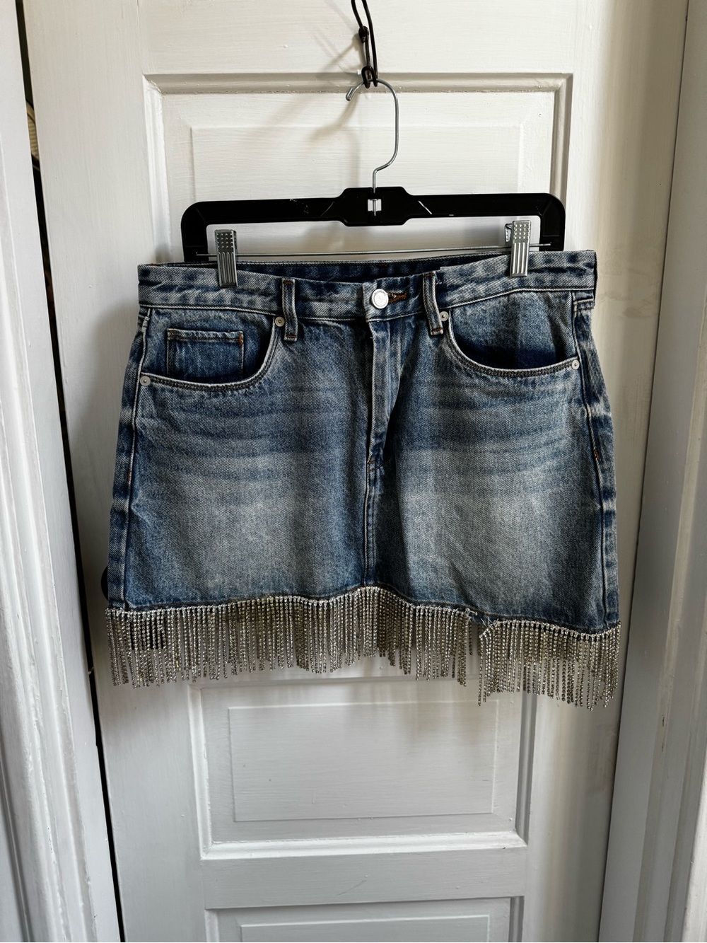 Blank NYC Blue Denim Mini Skirt with Silver Chain Fringe